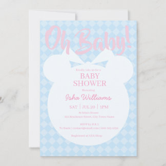 Light Blue Bear Pink Oh Baby Shower Invitation