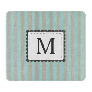 Light Blue & Beige Stripes Custom Monogram Cutting Board