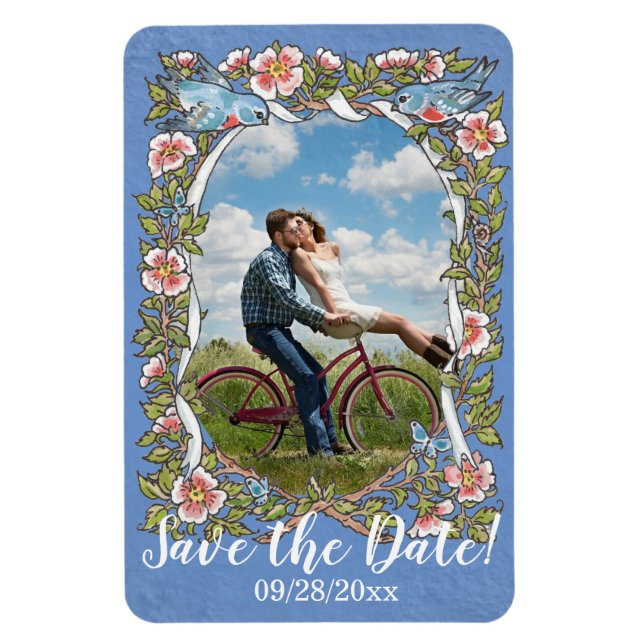 Light Blue Bird Floral Photo Wedding Save Date  Magnet (Vertical)