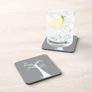 Light Blue Birds on Whimsical White Swirl Tree Coaster