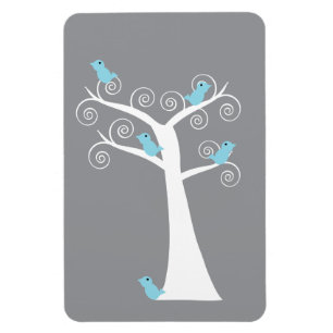 Light Blue Birds on Whimsical White Swirl Tree Magnet