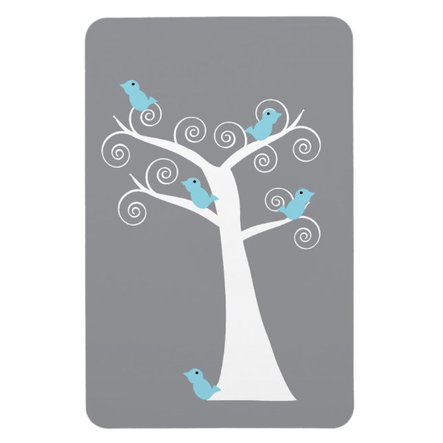 Light Blue Birds on Whimsical White Swirl Tree  Magnet (Vertical)