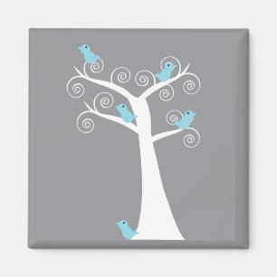 Light Blue Birds on Whimsical White Swirl Tree Magnet