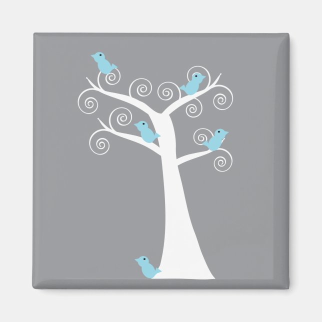 Light Blue Birds on Whimsical White Swirl Tree  Magnet (Front)