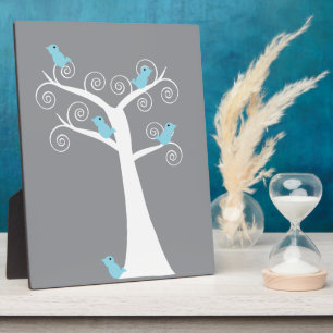 Light Blue Birds on Whimsical White Swirl Tree Plaque