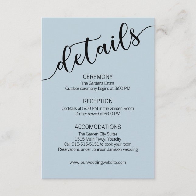 Light Blue Black Script Wedding Details  Enclosure Card (Front)