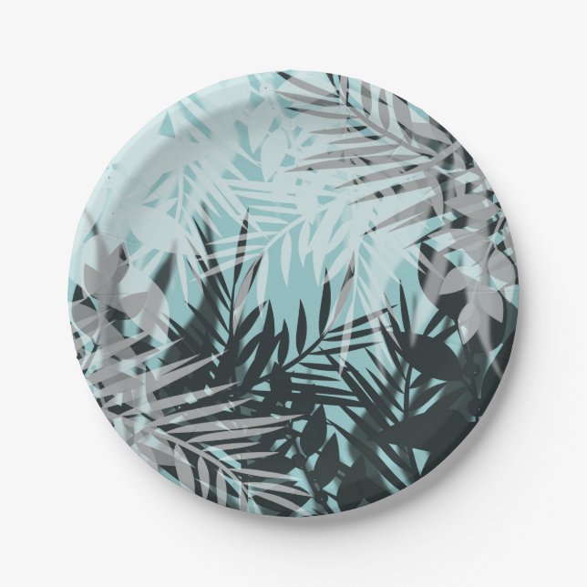 Light blue black tropical pattern paper plate (Front)