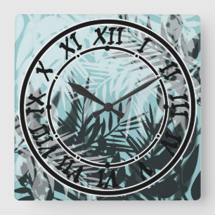 Light blue black tropical pattern square wall clock