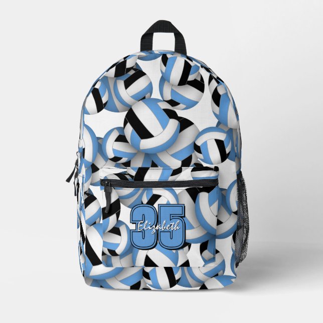 Light blue black volleyballs patterned sports gear printed backpack (Front)