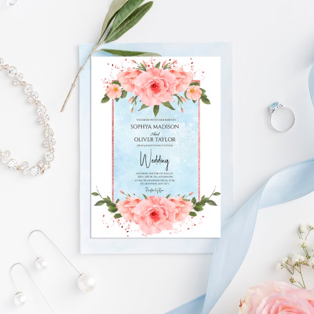Light Blue & Blush Flower Dusty Blue Botanical  Invitation (Creator Uploaded)