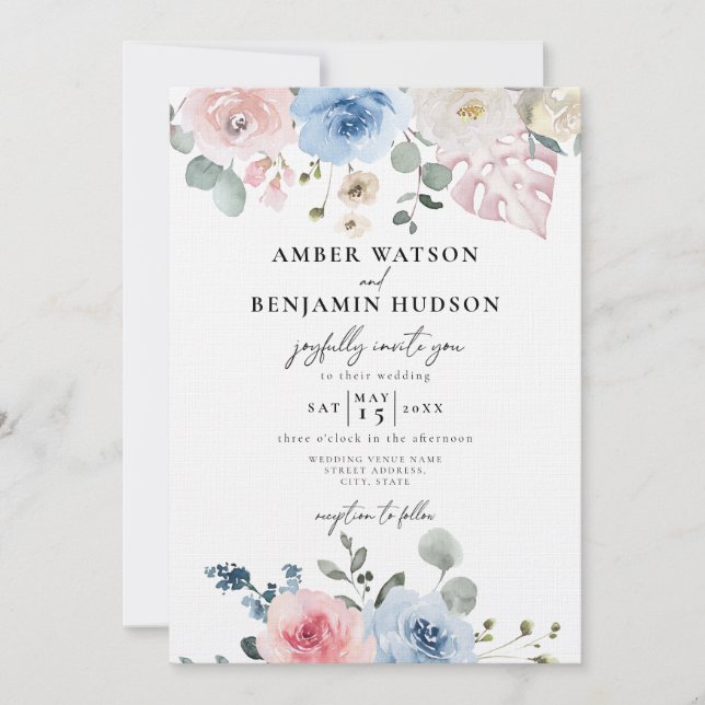 Light Blue Blush Pink Tropical Beach Wedding Invitation (Front)