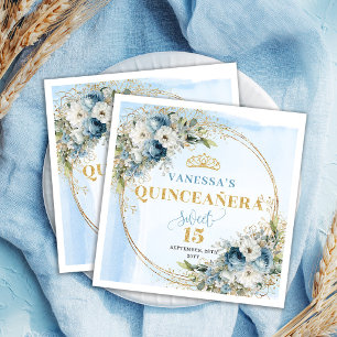 Light Blue Boho Floral Gold Glitter Quinceañera Napkin