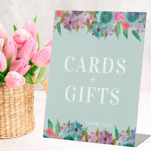 Light Blue Boho Wildflower Wedding Card And Gifts  Pedestal Sign