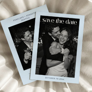 Light Blue Bold Text Photo Minimalist Wedding QR Save The Date