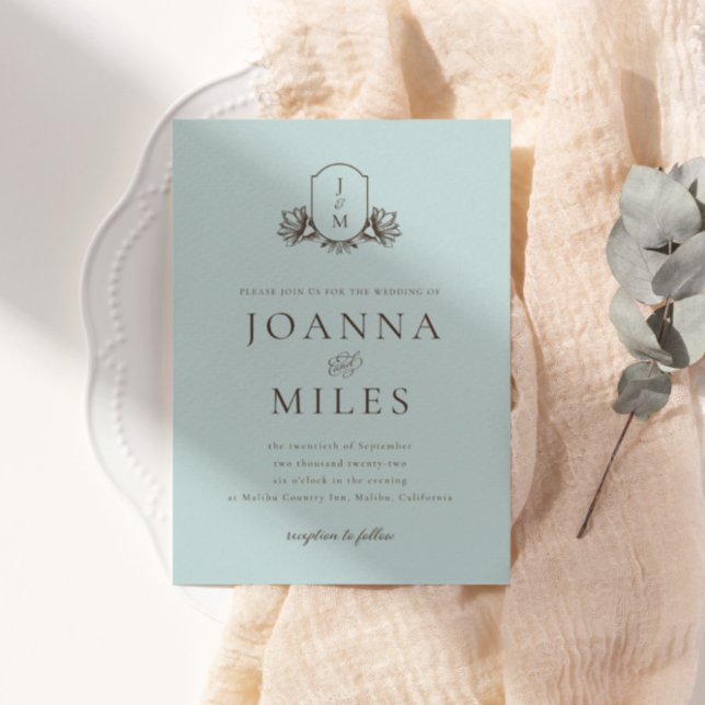 Light Blue Botanical Monogram Crest Wedding Invitation (Creator Uploaded)