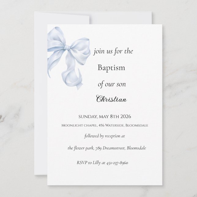 Light Blue Bow Baptism Invitation (Front)