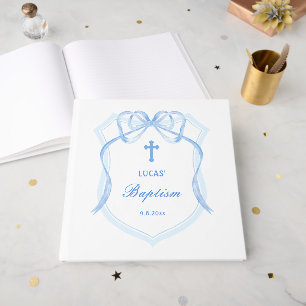 Light Blue Bow Crest Baptism Guest Book