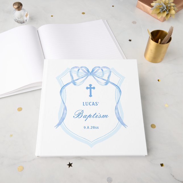 Light Blue Bow Crest Baptism Guest Book (Front Open)