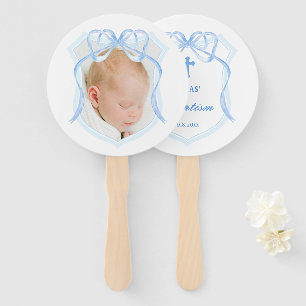 Light Blue Bow Crest Baptism Hand Fan