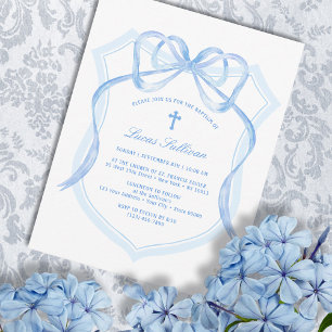 Light Blue Bow Crest Baptism Invitation