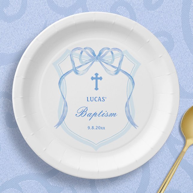 Light Blue Bow Crest Baptism Paper Plate (Creator Uploaded)