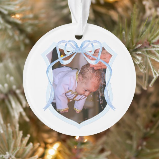 Light Blue Bow Crest Baptism Photo Ornament (Tree)
