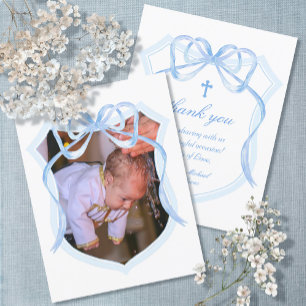 Light Blue Bow Crest Baptism Thank You Card