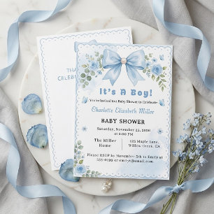 Light Blue Boy Baby Shower Floral Ribbon Bow Invitation