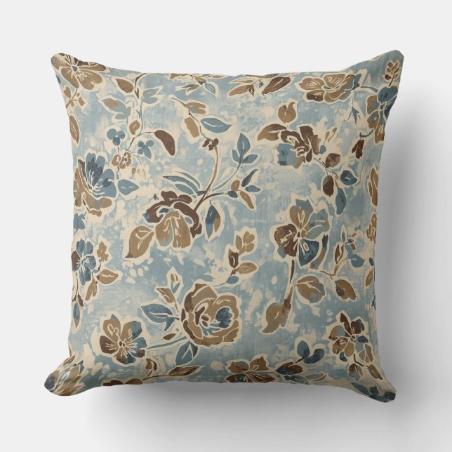 Light Blue Brown Cottage Floral Cushion (Front)