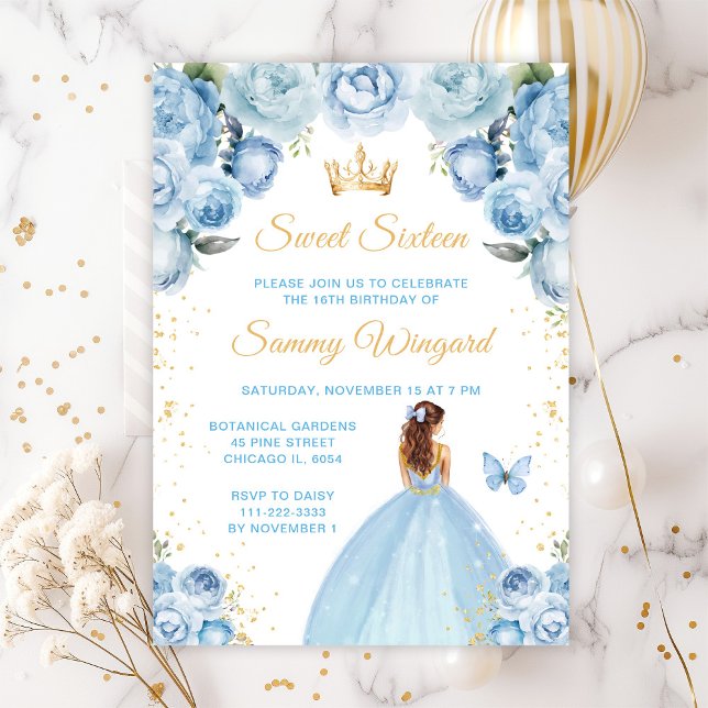 Light Blue Brown Hair Princess Sweet Sixteen Invitation (Creator Uploaded)