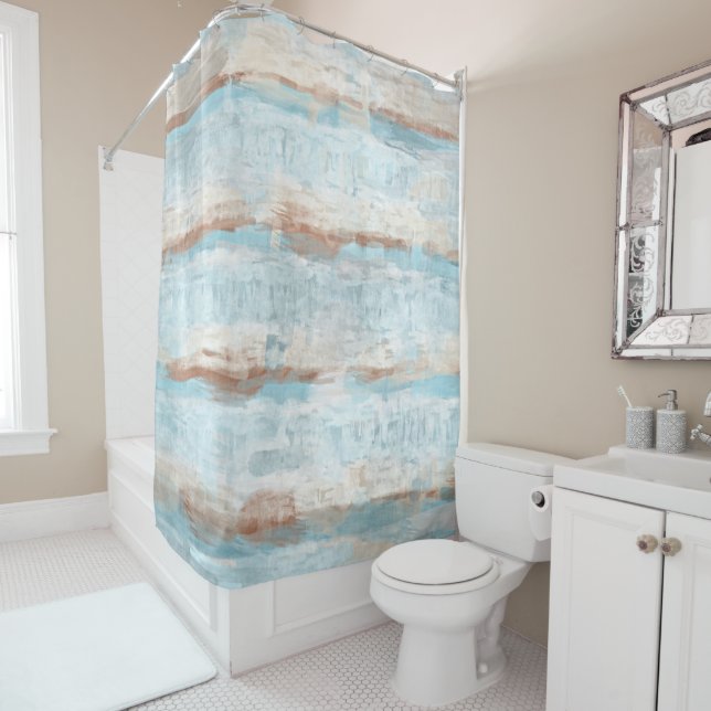 Light Blue Brown White Watercolor Stripes Shower Curtain (In Situ)