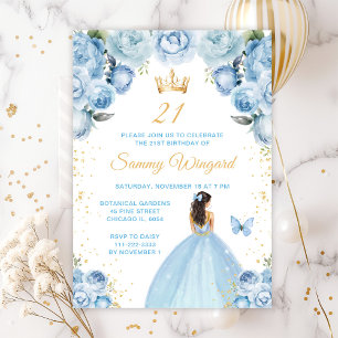 Light Blue Brunette Hair Princess Birthday Party Invitation