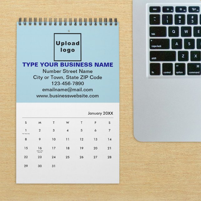 Light Blue Business Brand on Calendar (Build brand name awareness. Light blue business branding on calendar displayed on office desk.)