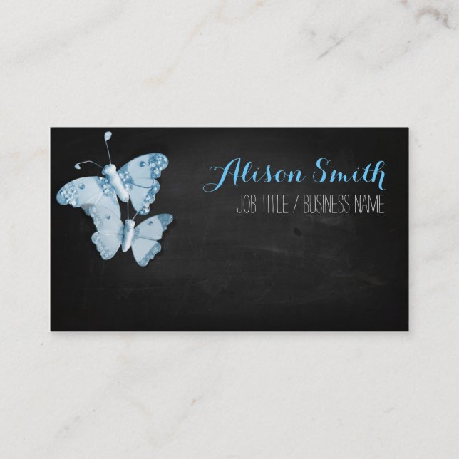 Light blue Butterflies on black chalkboard Business Card (Front)