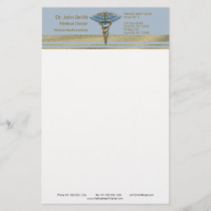 Light Blue Caduceus Faux Gold Foil Stripes Medical Stationery