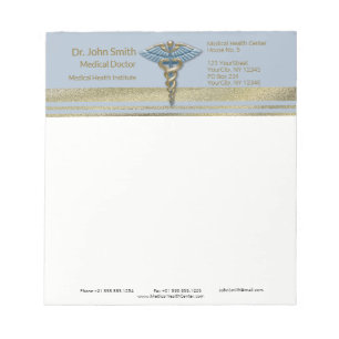 Light Blue Caduceus Medical Faux Gold Foil Stripes Notepad