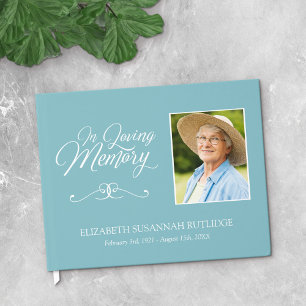 Light Blue Calligraphy In Loving Memory Photo Guest Book