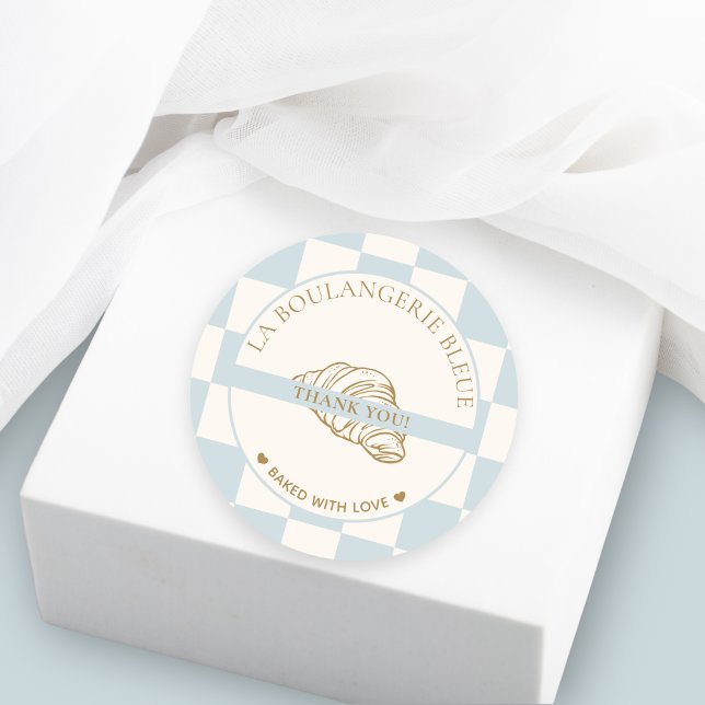 Light Blue Checkered Croissant Bakery Thank You Classic Round Sticker (Creator Uploaded)