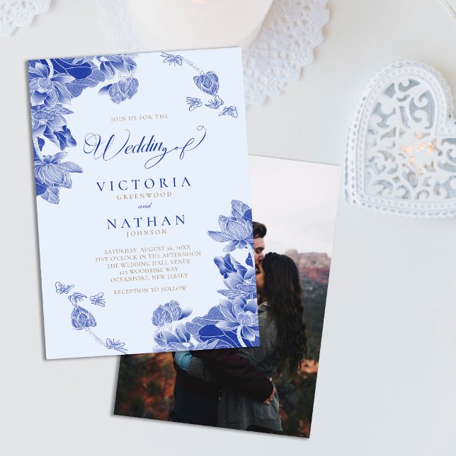 Light Blue Chinoiserie Floral with Photo Wedding   Invitation (Creator Uploaded)