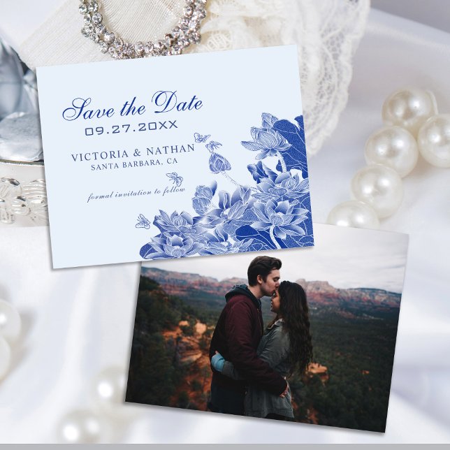 Light Blue Chinoiserie Photo Wedding Save the Date (Creator Uploaded)
