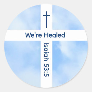 Light Blue Christian Cross Bible Verse Healing Classic Round Sticker