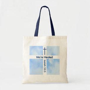 Light Blue Christian Cross Bible Verse Healing Tote Bag