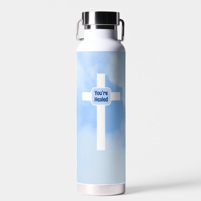 Light Blue Christian Cross Bible Verse Healing  Water Bottle (Front)