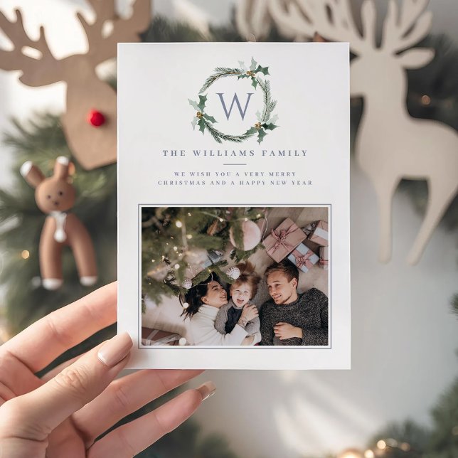 Light Blue Christmas Berries Wreath Holly Monogram Holiday Card (Creator Uploaded)