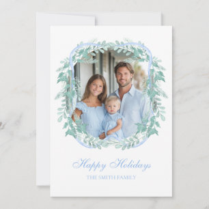 Light Blue Christmas Greenery Wreath Holiday Card