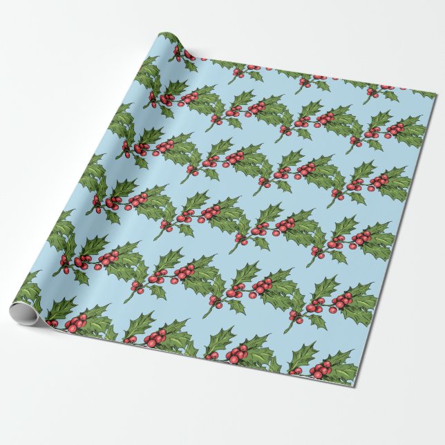 Light Blue Christmas Mistletoe Pattern Wrapping Paper (Unrolled)