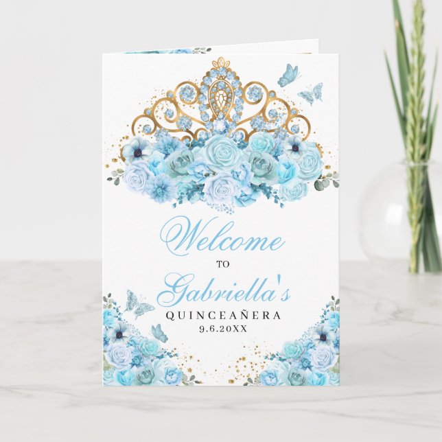 Light Blue Cinderella Tiara Quinceanera Program Invitation (Front)