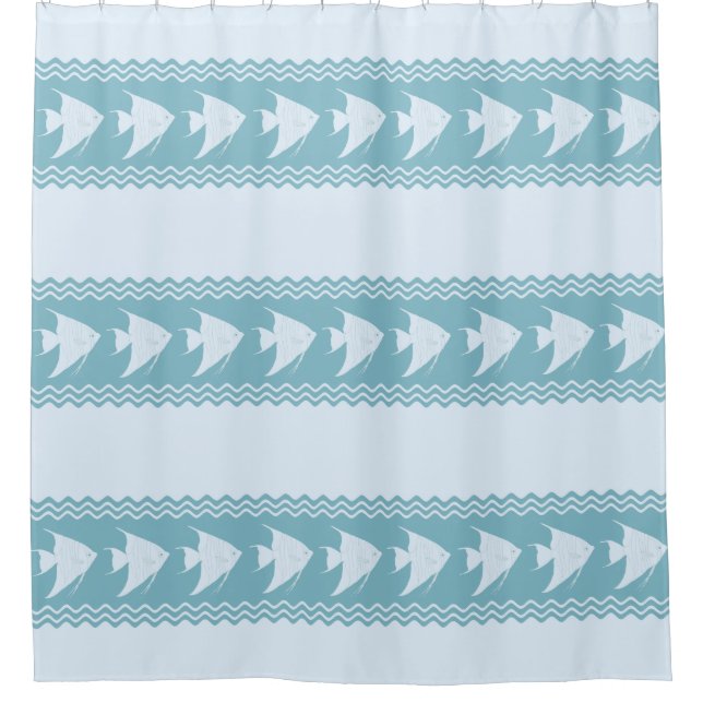 Light Blue Coastal Angelfish Stripes Shower Curtain (Front)