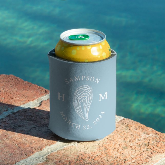  Light Blue Coastal Oyster Monogram Wedding Favour Can Cooler (In Situ Pool)