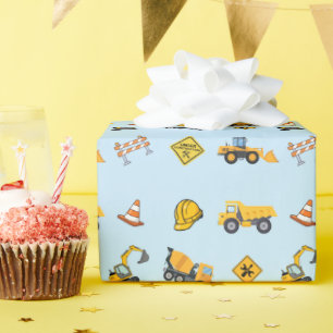 Light Blue Construction Birthday  Wrapping Paper